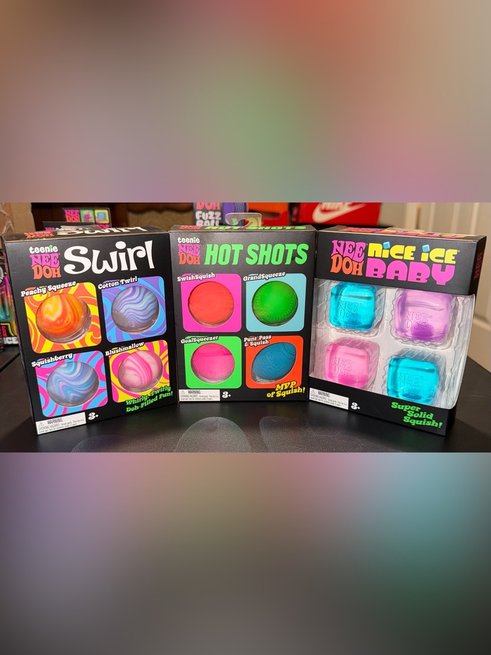 Authentic!!! NeeDoh Nice Ice Baby, Hot Shots & Swirl 4 packs. 12 Needohs total!!